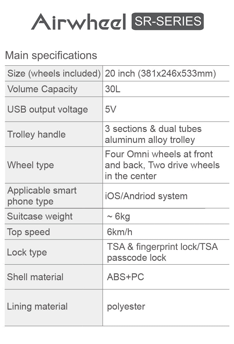 Airwheel-SR5-Suitcase-Product-Parameters-Table-Mobile